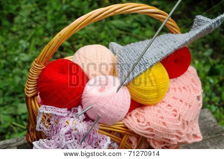 Basket Of Yarn And Knitting Needles