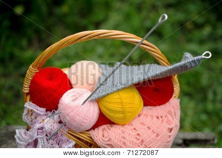 Basket Of Yarn And Knitting Needles