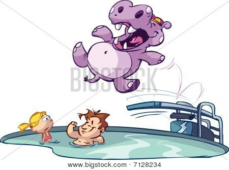 Hippo jumping in pool