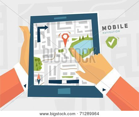 Mobile Navigation. GPS Technology. Tablet PC with Map.