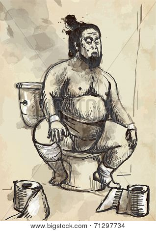 Sumo Fighter On The Toilet Bowl - Converted Vector