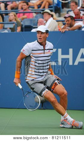 Professional tennis player Tomas Berdych from Czech Republic during US Open 2014 round 3 match