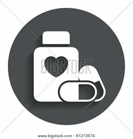 Medical heart pills bottle sign icon. Drugs.