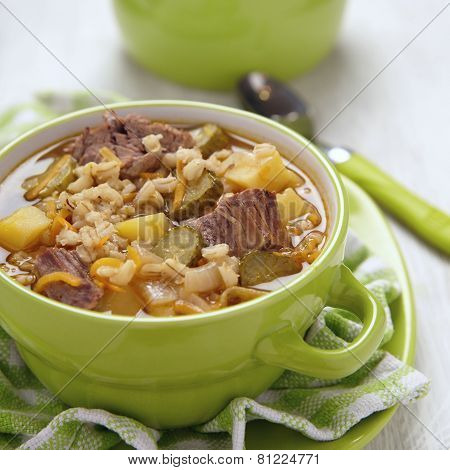 Soup with pickles and barley
