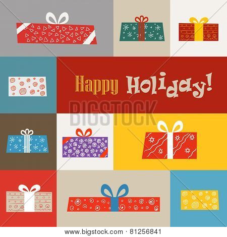 Different gift boxes illustration. Vector greeting card