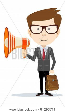 Businessman messenger negotiator with a loudspeaker horn