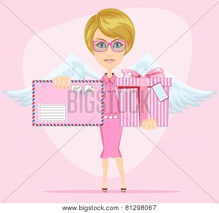 The girl-angel congratulates, gives invitation letter and a gift.