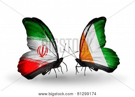 Two Butterflies With Flags On Wings As Symbol Of Relations Iran And Cote Divoire