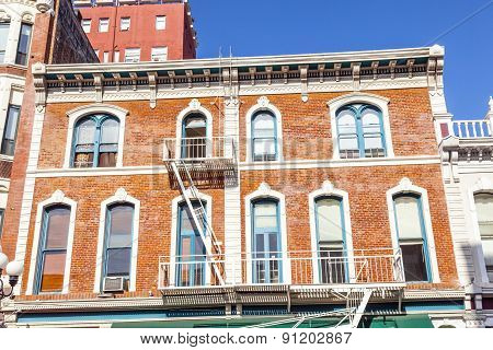 Facade Of Historic Houses In The Gaslamp Quarter In San Diego