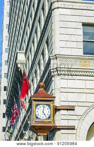 Facade With Old Clock In The Gaslamp Quarter In San Diego