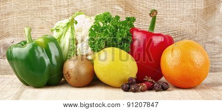 Group Of Vegetables And Fruits Full Of Vitamin C
