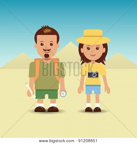Tourists on the background of the pyramids