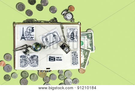 Wooden Travel Box With Stickers Of Fabric, Banknotes And Coins, Watches, Metal Pendants In The Form