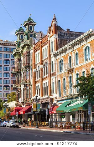 Facade Of Historic Houses In The Gaslamp Quarter In San Diego