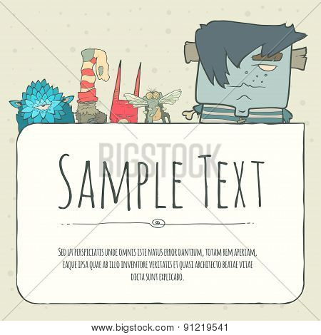Cute doodle monster greeteng or invitation card with place for your text.