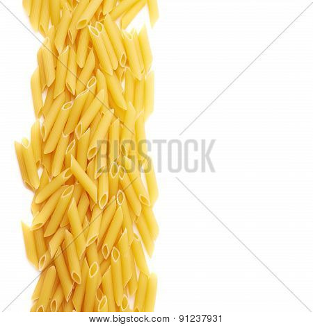 Dried penne pasta composition over white