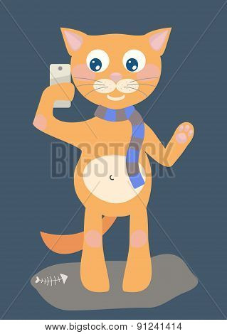 Cartoon Cat Takes Selfie. Vector Illustration.