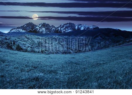 Village On Hillside Meadow In High Mountains At Night