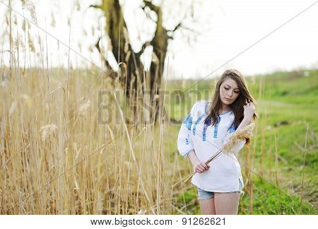 Slavic Girl In Ukrainian Shirt Holding Ears Of Corn