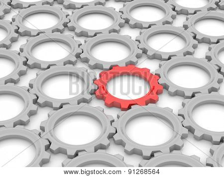 red gear among the gray on a white background. The concept of leadership in the team. 3d