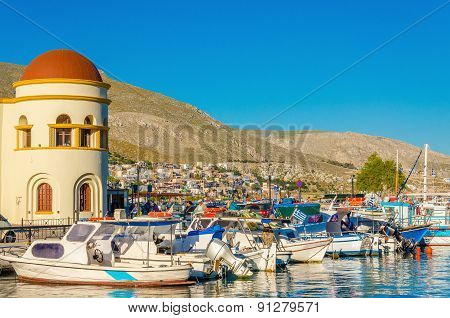 View of Kalymnos port with boats, Greece