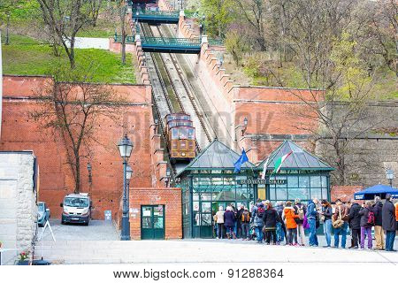 Tourists in the queue waiting for Gellert cable car, Budapest