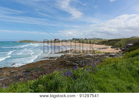 Fistral beach Newquay North Cornwall uk with bluebells and waves popular UK surfing location