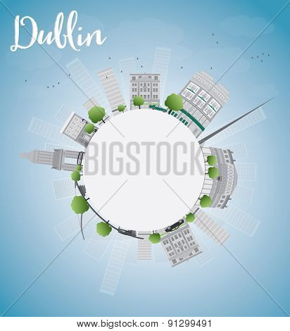 Dublin Skyline with Grey Buildings, Blue Sky and copy space, Ireland. Vector Illustration