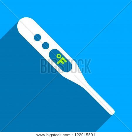 Fahrenheit Thermometer long shadow vector icon. Style is a flat fahrenheit thermometer iconic symbol on a blue square background.