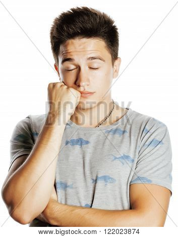 young attractive real man isolated thinking emotional on white close up gesturing smiling