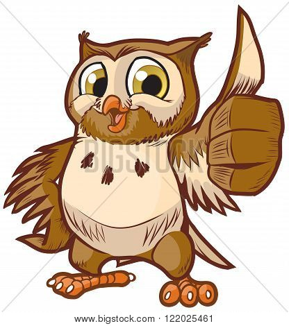 Vector cartoon clip art illustration of a cute and happy owl mascot giving the thumbs up hand gesture.