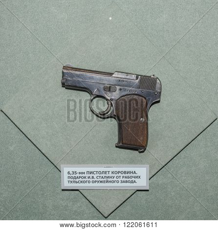 MOSCOW RUSSIA- DECEMBER 16- 6.35-mm pistol Korovin. Gift to Joseph Stalin from the workers of the Tula arms factory at the Central Museum of the armed forces on December 16; 2015 in Moscow