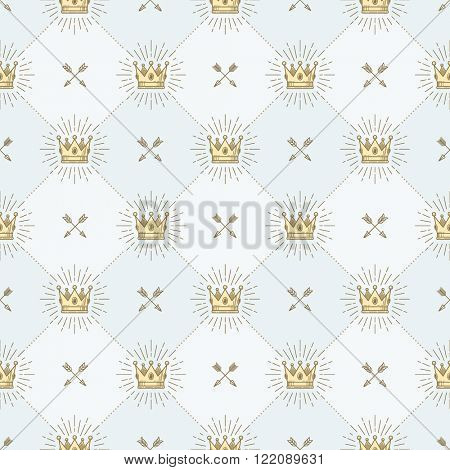 Vector seamless background with royal crown and crossed arrows - pattern for wallpaper, wrapping paper, book flyleaf, envelope inside, etc.