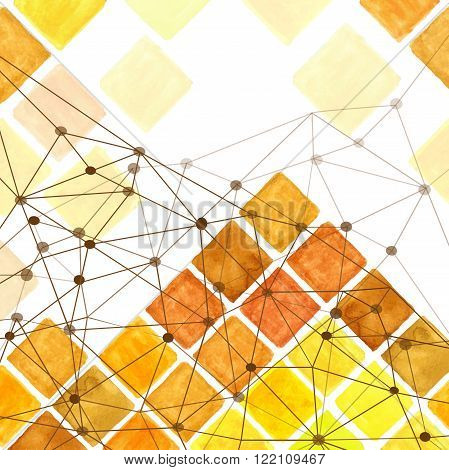 Watercolor geometric abstract background, pattern.Colorful modern abstract summer background with  rhombus, square tile, linear web.Natural Yellow, brown colors.Wallpaper, backdrop, mosaic.