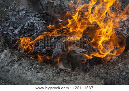 Burning office white paper in bonfire outside