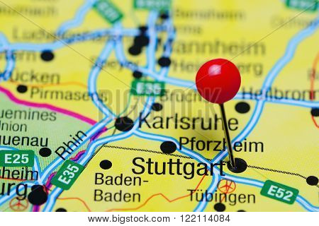 Photo of pinned Stuttgart on a map of Germany. May be used as illustration for traveling theme.