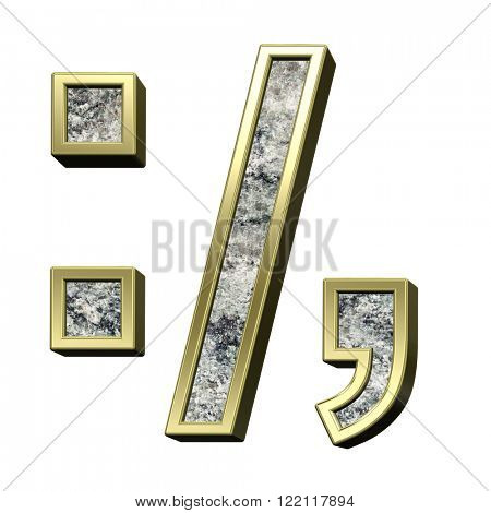 Colon, semicolon, period, comma from granite with gold frame alphabet set isolated over white. Computer generated 3D photo rendering.