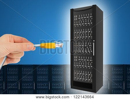 Hand holding computer cabel with iron box in sky, technology concept
