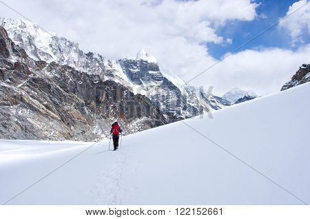 Hiking group on a trail. Sagarmatha National Park Nepal Himalayas