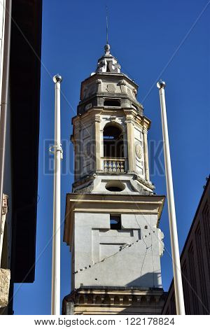 Belfry of St Sebastian the only surviving part of this deconsecrated church with Jesus symbol. Now in the Verona Civic Library.