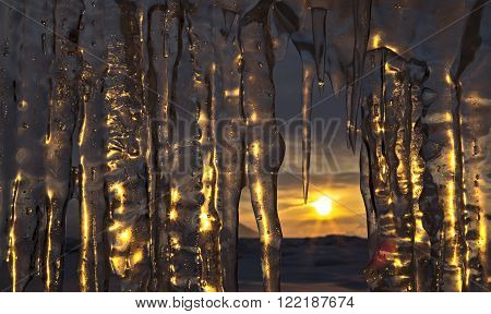 Setting sun is reflected in icicles. Beautiful winter landscape in the Lake Baikal.