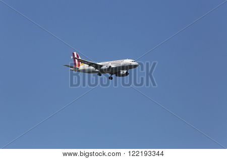ZAGREB, CROATIA - JUNE 10: Airbus A319, registration D-AGWF of Germanwings landing on Zagreb Airport Pleso on June 10, 2015.