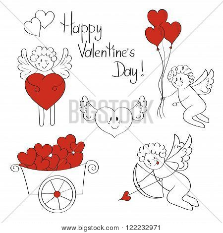 Love set. Cute cupids and hearts. valentines collection. Doodle vector illustrations.