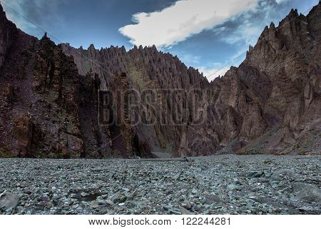 Stone gorge near base camp on the way up to Stok Kangri, 6000+ meters high peak in Himalayas near Leh, Ladakh.