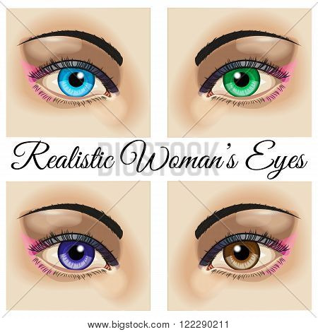 Realistic woman eyes vector. Four beautiful realistic woman eyes - blue green brown and violet. Use for company logos print products page and web decor or other design. Vector illustration.