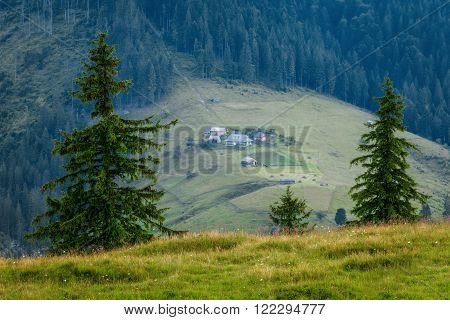 Carpathian Mountains. Mountain village on the green slopes Dzembronya