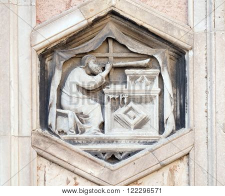 FLORENCE, ITALY - JUNE 05: Jubal by Nino Pisano, 1334-36., Relief on Giotto Campanile of Cattedrale di Santa Maria del Fiore (Cathedral of Saint Mary of the Flower), Florence, Italy on June 05, 2015
