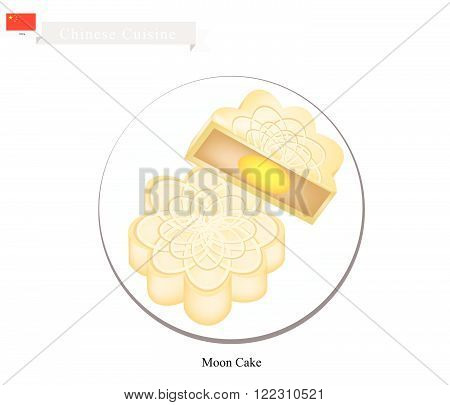 Chinese Cuisine, Moon Cake or Chinese Round Pastry Filled with Red Bean or Lotus Seed Paste for Chinese Mid-Autumn Festival. One of Most Popular Dessert in China.