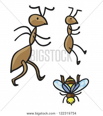 Ants and bee. Color vector illustration with black outline