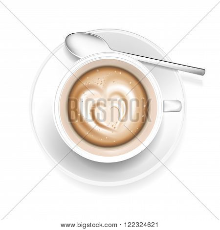 Cup of coffee with heart shape in the foam - isolated on white background. Vector illustration.